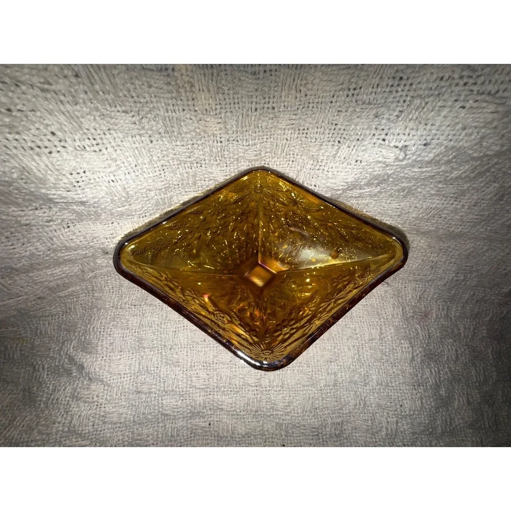 Vintage amber Marigold Carnival Glass  Footed Candy Dish 3x6.5in